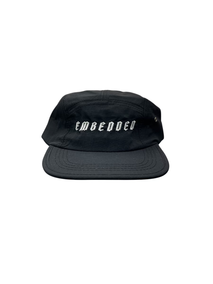 Emb Black 5 panel cap